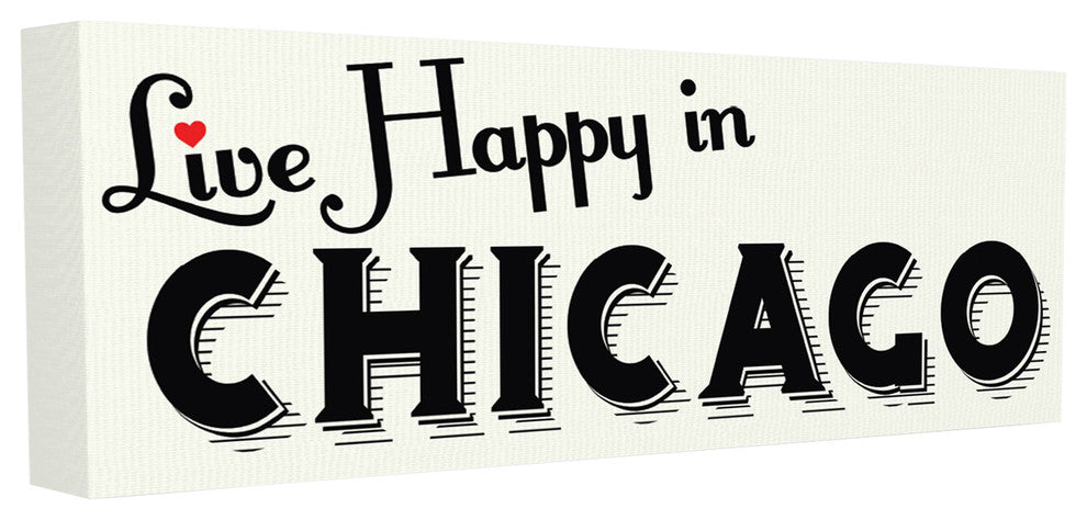 Live Happy In Chicago Red Heart Typography Canvas Wall Art, 13"x30"