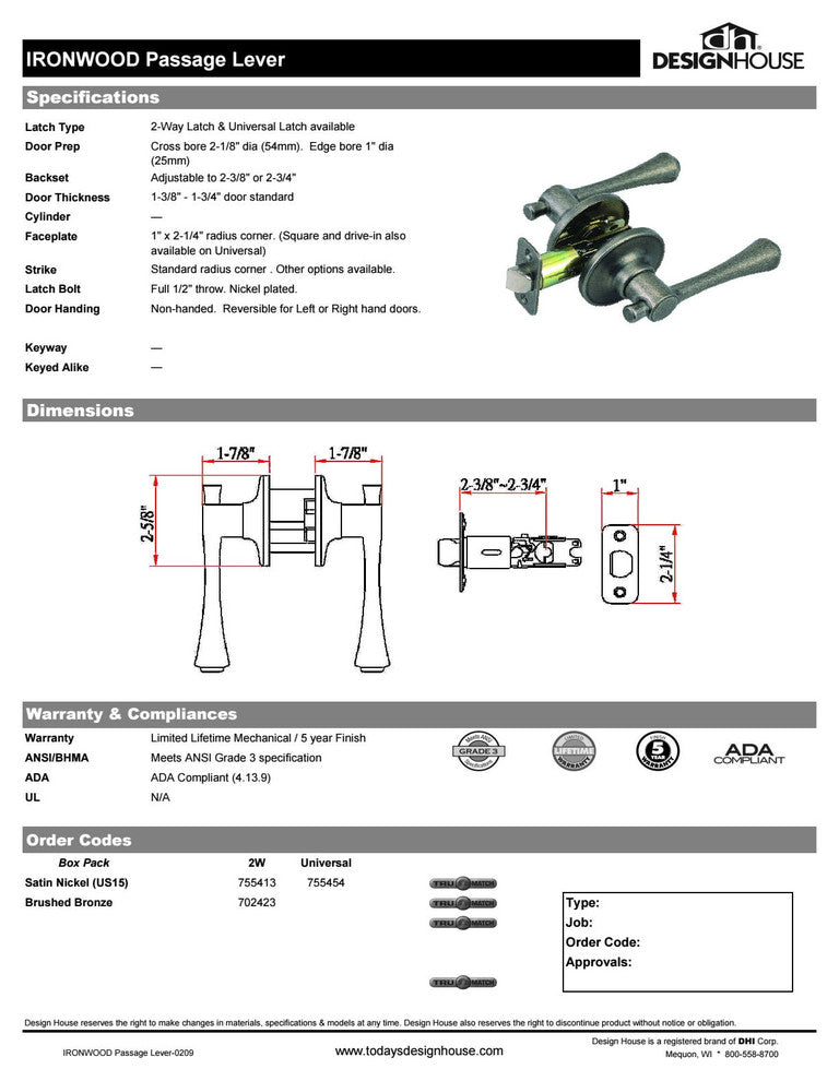 Design House 755413 Ironwood Passage Door Lever Set - Satin Nickel