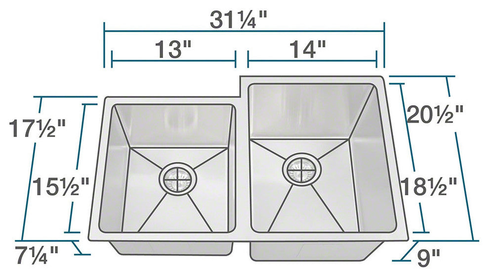 PR0213 Offset Double Bowl 3/4" Radius Stainless Steel Sink