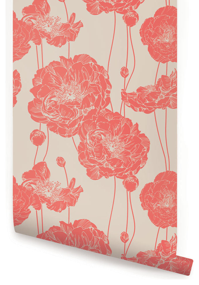 Peony Peel and Stick Vinyl Wallpaper, Dark Salmon, 24"w X 108"h