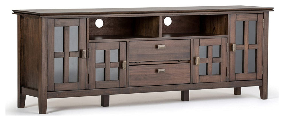 Contemporary TV Stand, Elegant Window Style Cabinet Doors, Natural Aged Brown