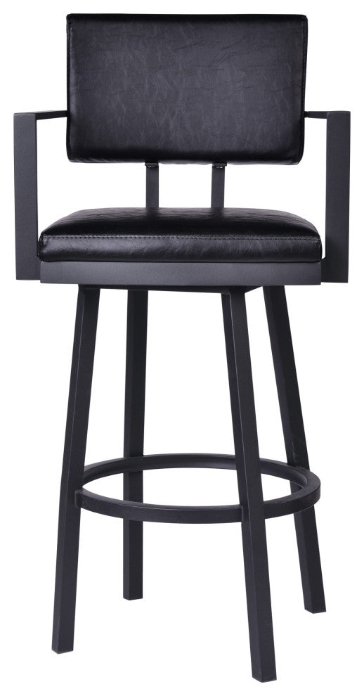 26" Vintage Black on Black Faux Leather Rectangular Swivel Barstool