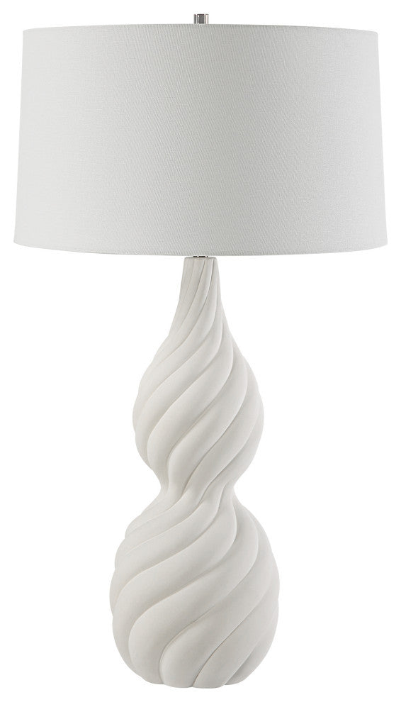 Elegant Twisted Ceramic Swirl Chalk White Table Lamp 32 in Gourd Shape Ribbed