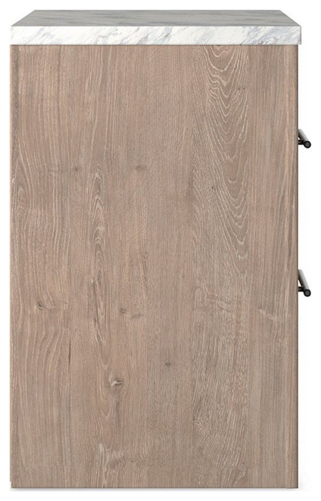 Benzara BM283333 25" Rustic Wood Nightstand, 2 Drawers, White Marble Top, Brown