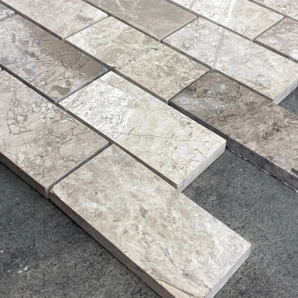 Silver Shadow Marble 2"x4" Brick on 12"x12" Mesh Mosaic Tile  (10 sqft per box)