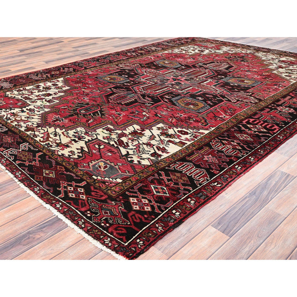 Imperial Red Pure Wool Hand Knotted Semi Antique Persian Heriz Rug 7'10"x11'5"