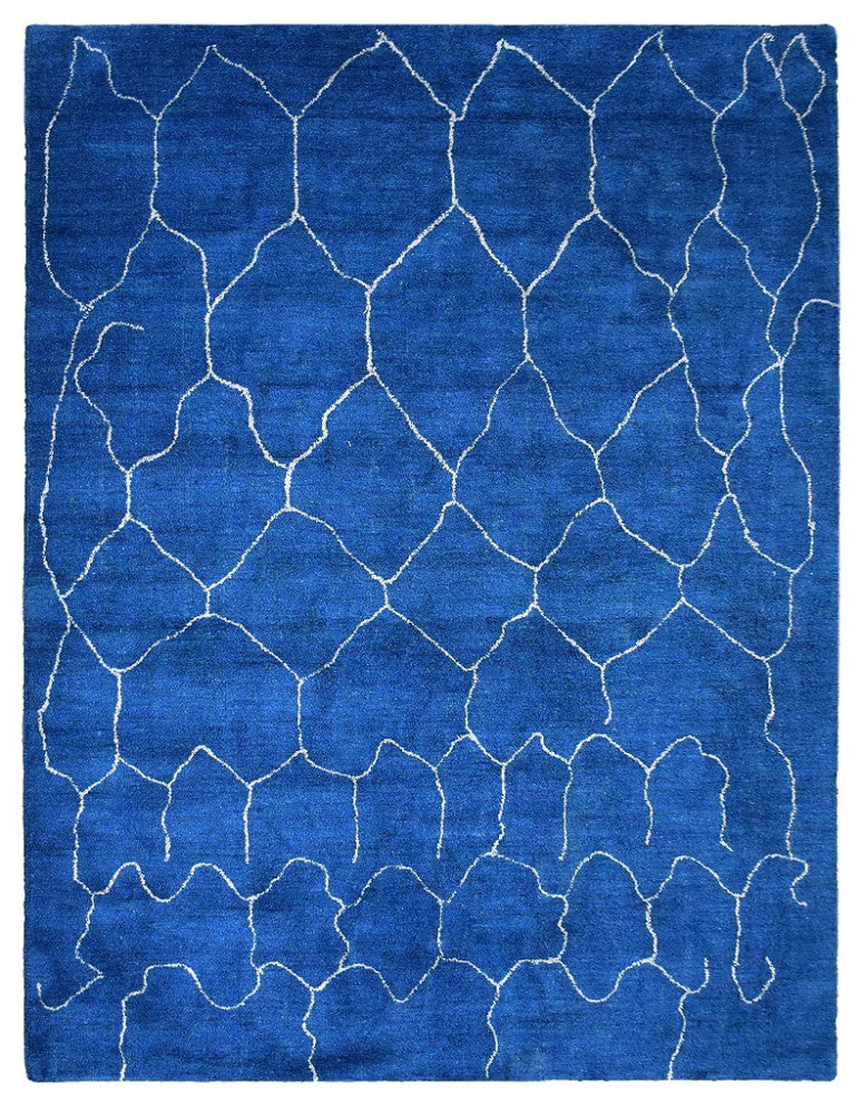 HAND KNOTTED LOOM SILK AREA RUGS-9'x12',Rectangle,Blue White,Contemporary