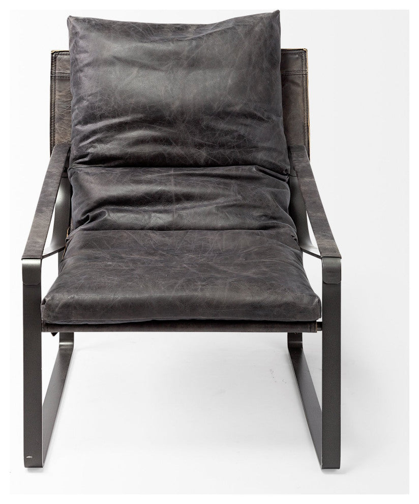 35" Black Leather Distressed Arm Chair