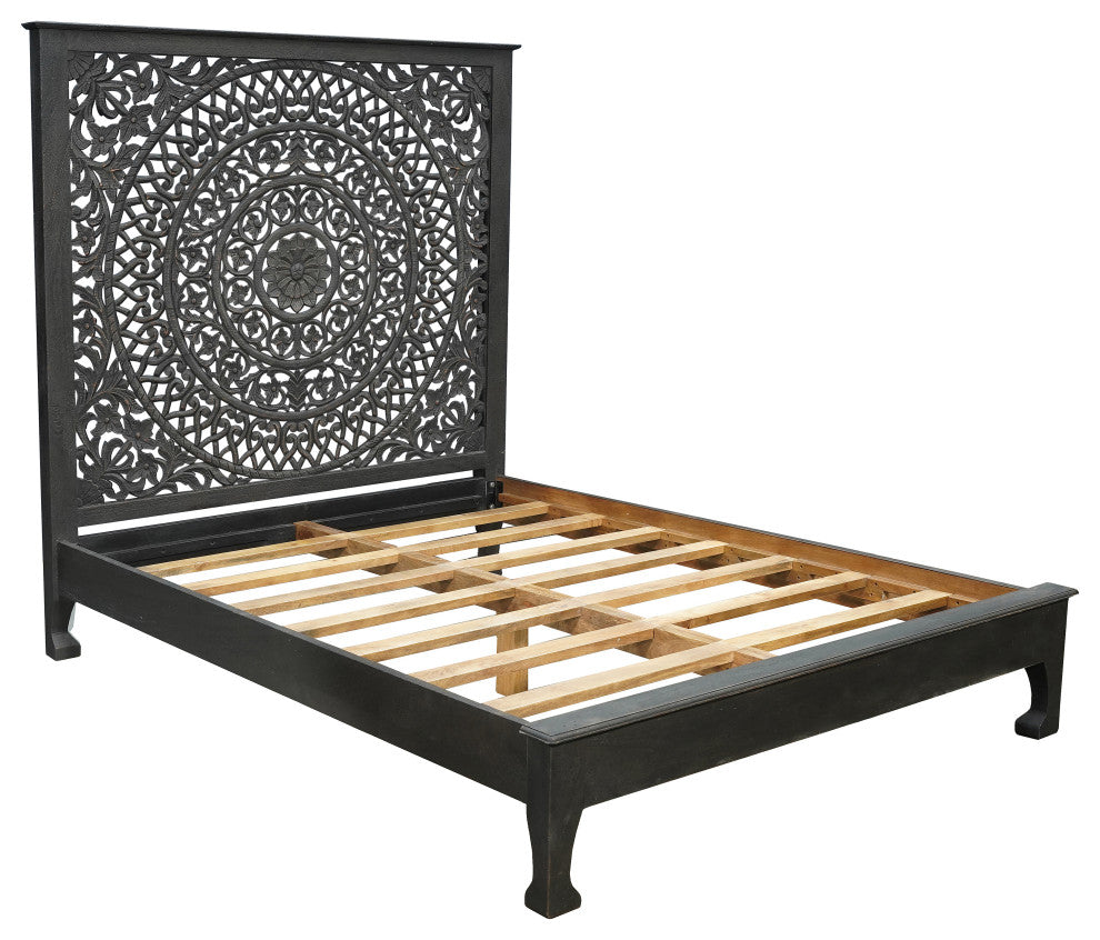 Milano Floral Carved Solid Wood Queen Panel Bed, Black, Queen