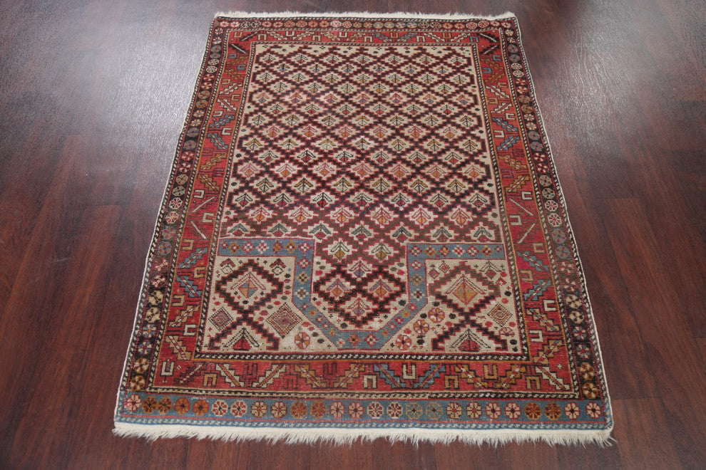 Consigned, Oriental Low Pile Carpet Hand-Knotted Antique Area Rug, Beige, 4x4