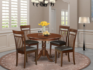 5 Pc Set With A Round Table And 4 Leather Dinette Chairs, Mahogany