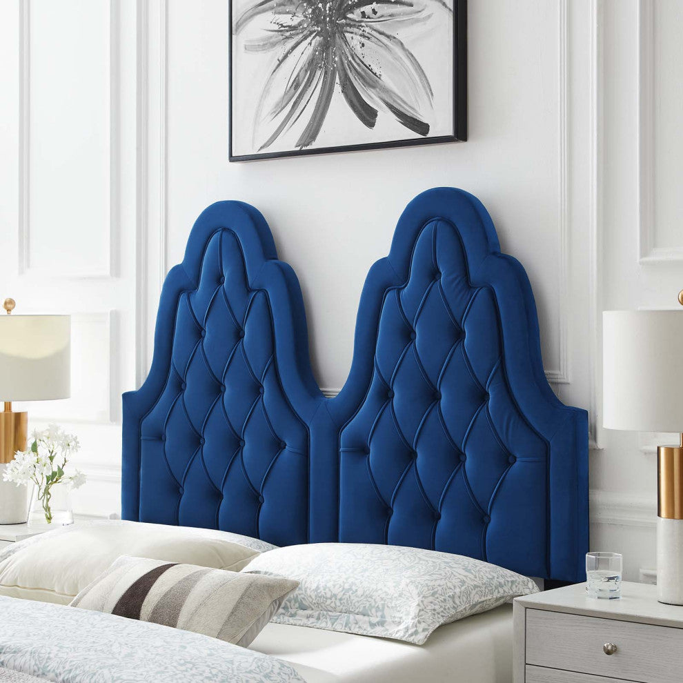 Tufted Headboard, Full Queen Size, Velvet, Blue Navy, Modern Contemporary