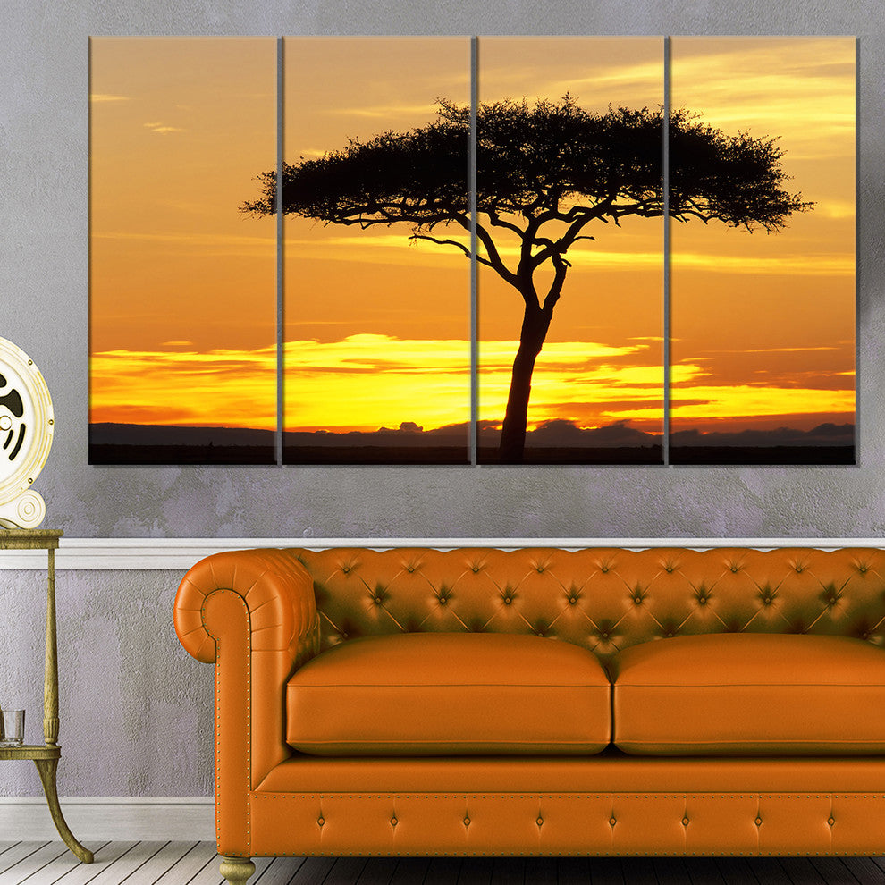 Beautiful Sunset Through Acacia Tree, Landscape Canvas Print, 48"x28", 4 Panels