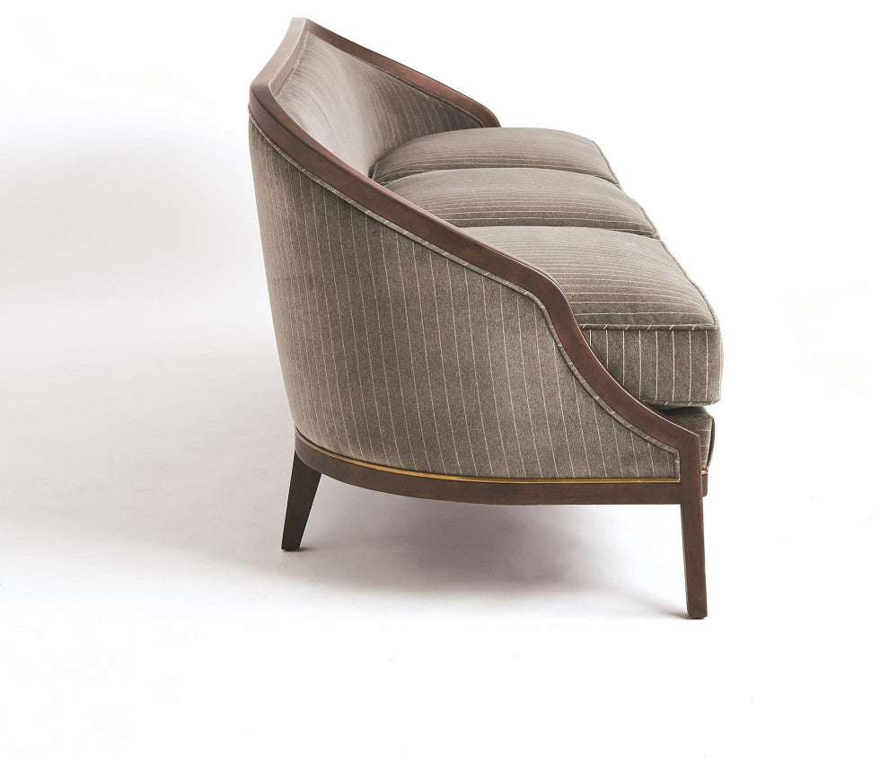 Elegant Pinstripe Gray 3 Seat Sofa Exposed Wood Velvet Curved Back Contemporary