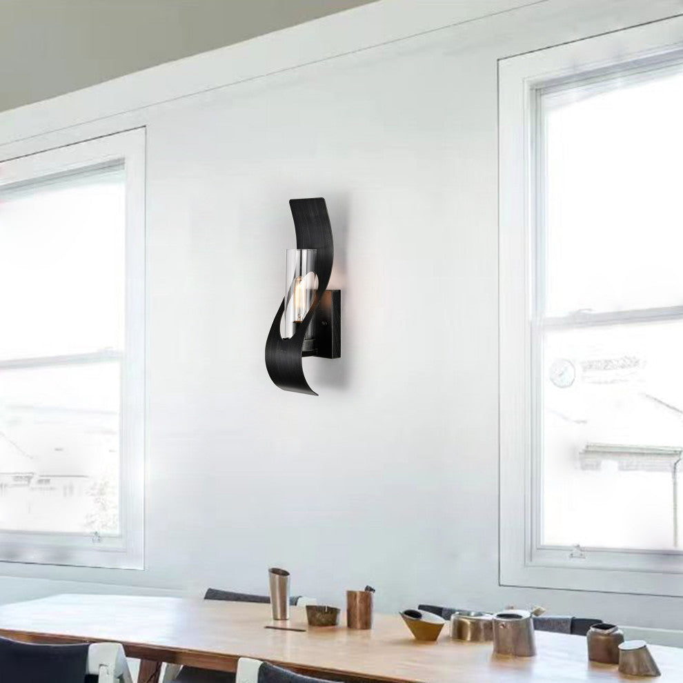 Daisy 1 light Curved Frame Clear Glass Wall Sconce, Antique Black Finish