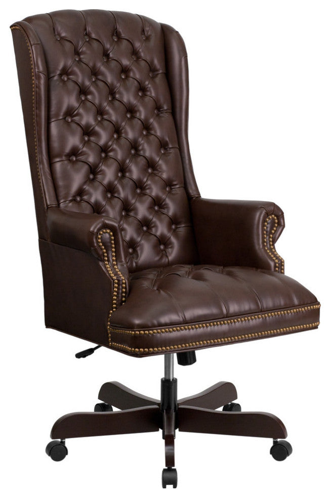 High Back Traditional Tufted Brown Leather Executive Swivel Chair With Arms