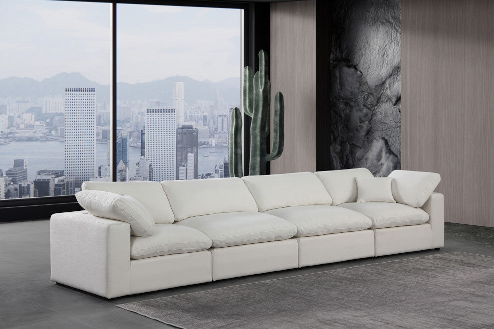 Comfy Upholstered Modular Sofa, Cream, 4-Piece: 2 Armless Chair, 2 Corner Chair, Linen Textured Fabric