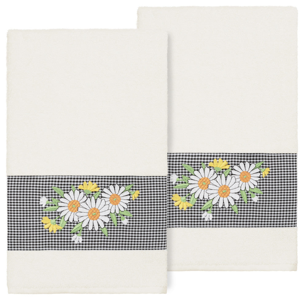 Linum Home Turkish Cotton Daisy 2-Piece Embellished Bath Towel Set, Cream