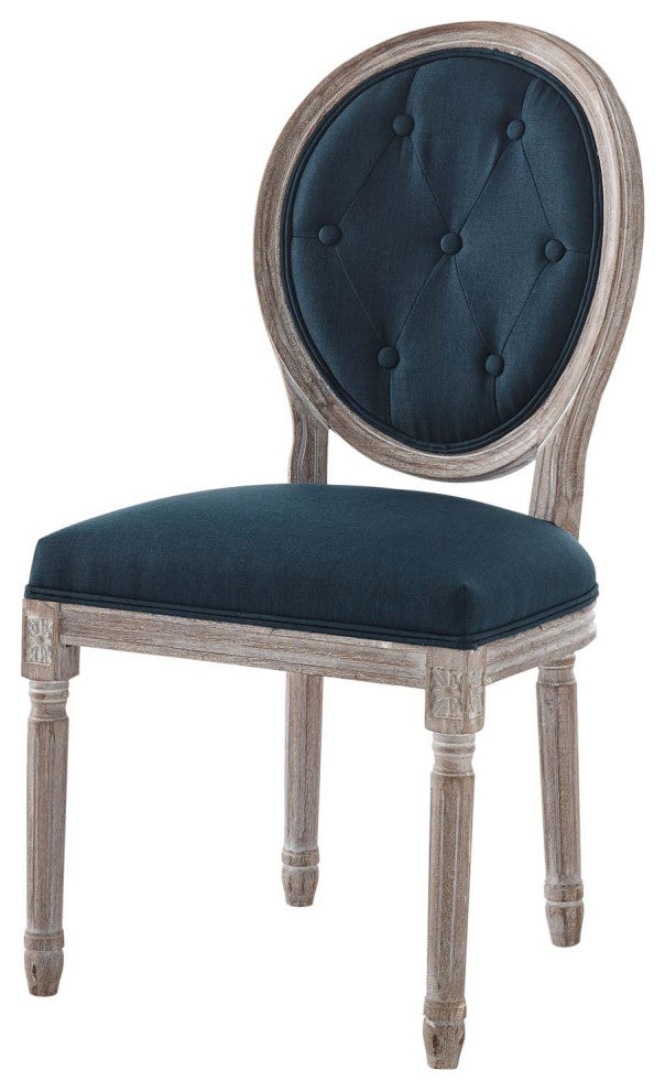 French Vintage Side Dining Chair, Fabric, Wood, Brown Natural Blue, Modern