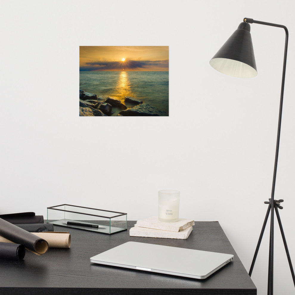 Sunset On Ocean, Sea, Beach Landscape Photo Unframed Wall Art Print, 11" X 14"