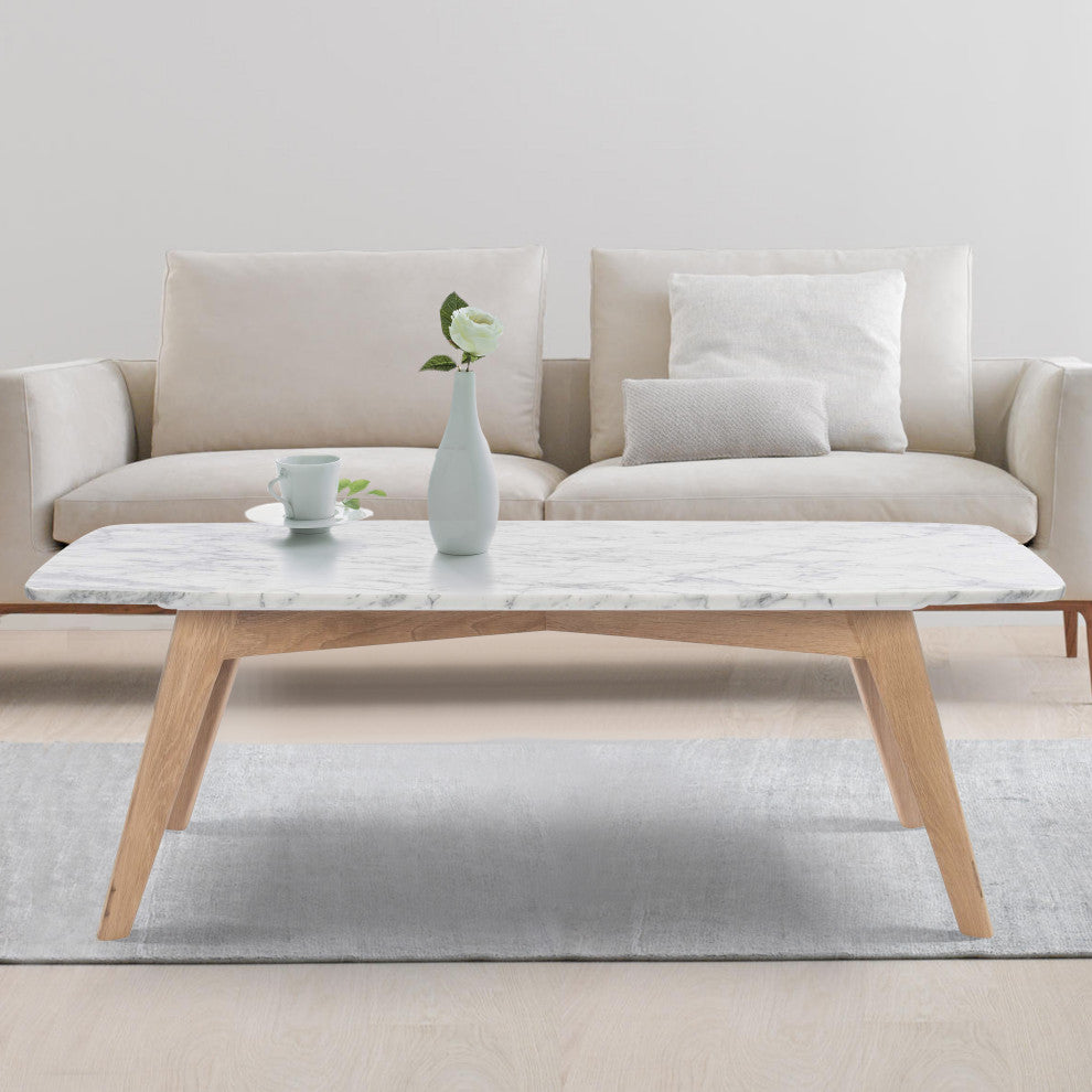 Faura 18" x 43.5" Rectangular Italian Carrara White Marble Table With Oak Legs
