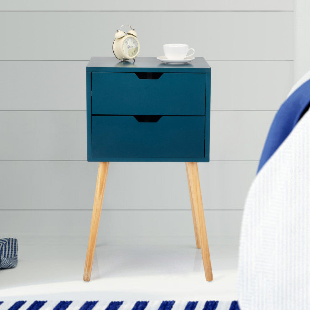 2 Set Wood Nightstand with 2 Sliding Drawers, Navy Blue, 16'' X 12''