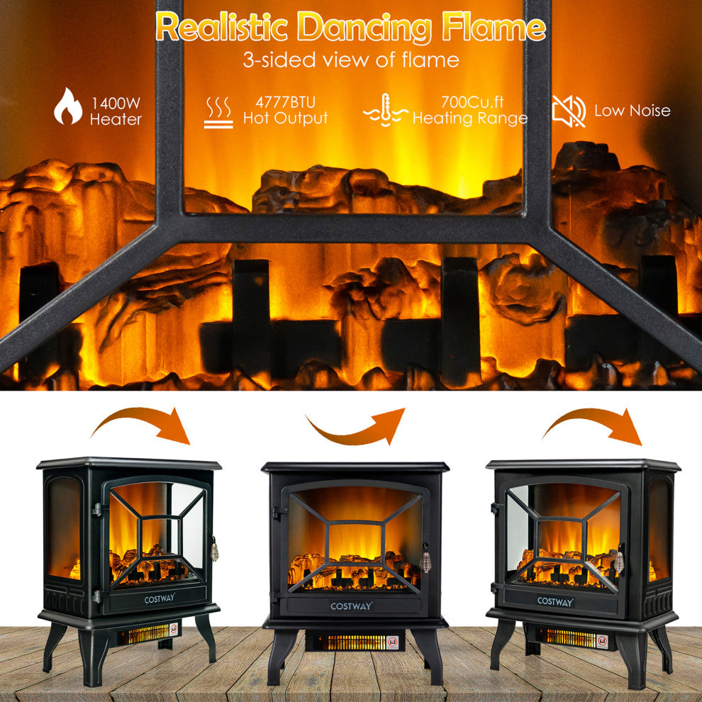 Costway 20'' Freestanding Electric Fireplace Heater W/ Realistic Flame 1400W