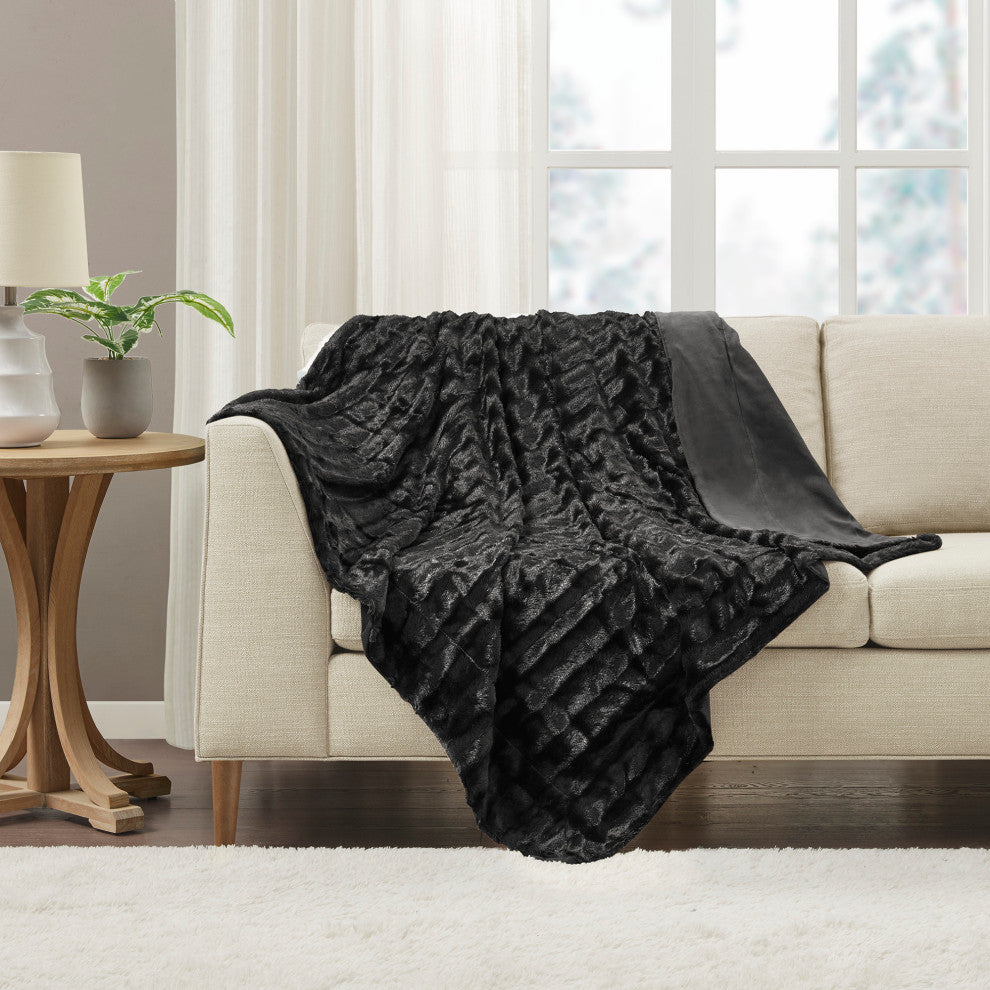 Madison Park Solid Stripe Plaited Brushed Long Fur Knitted Throw, Black