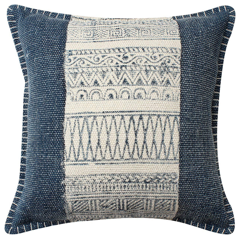 Benzara BM200551 18 x 18 HandWoven Cotton Pillow with Block Print White and Blue
