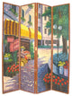 Leatherette Wooden 4 Panel Room Divider with Flower Market Theme,Multicolor