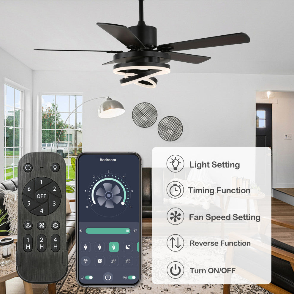 52" Ceiling Fan with Adjustable LED Light Kit, 3 Color Tone 6 Fan Speed, Black