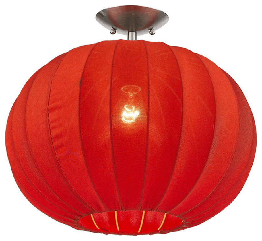 Shanghai 1-Light Brushed Nickel Pendant With Sheer Red Ribbon Shade
