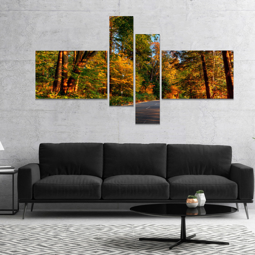 Road through Lit up Fall Forest, Large Landscape Canvas Art, 60"x32", 4 panels