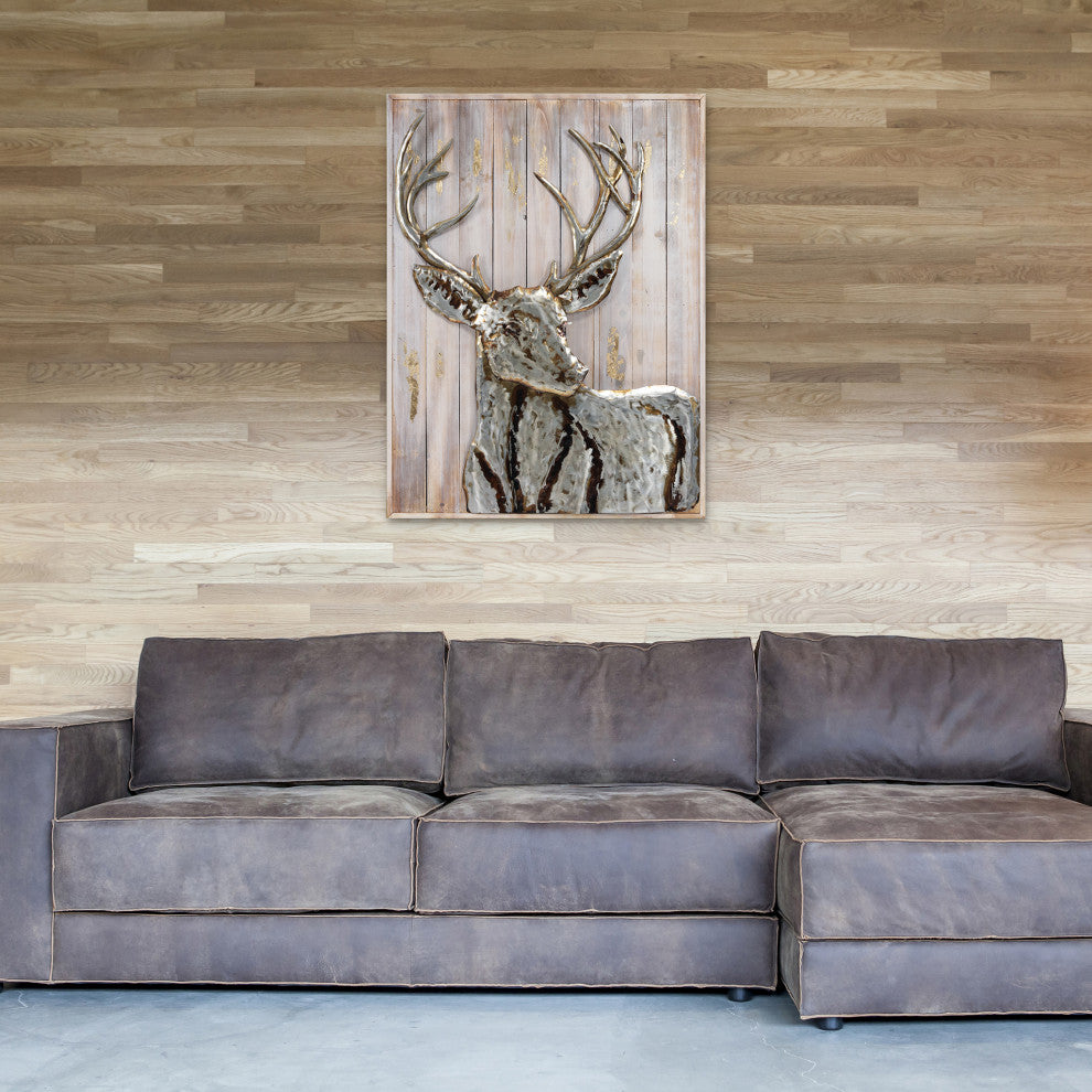 "Deer 1" Hand Painted Iron Wall Sculpture on Slatted Solid Wood Wall Art 40"x30"