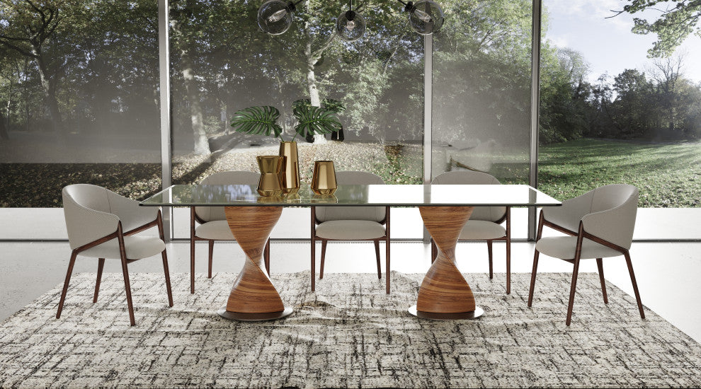 Modrest Lunde Cream Fabric, Vegan Leather & Walnut Arm Dining Chair