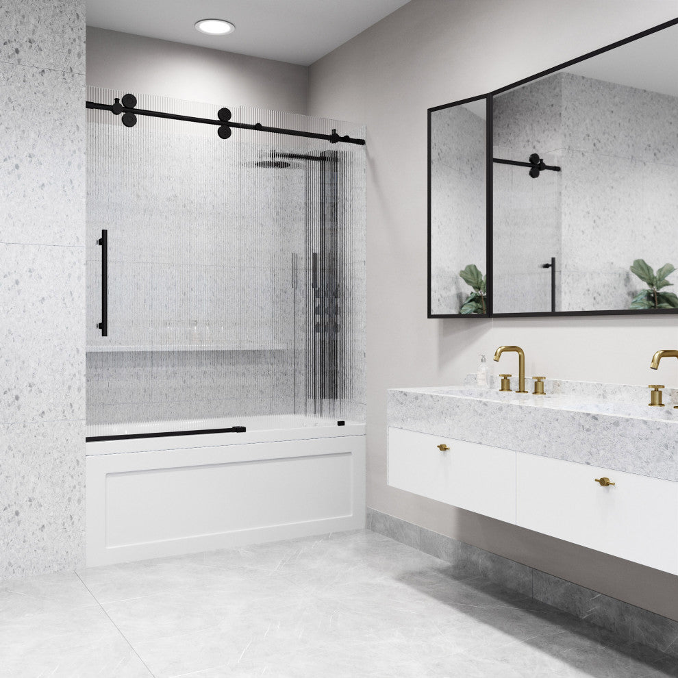 VIGO Elan 56" to 60" W x 66" H Frameless Sliding Tub Door, Left, Fluted Glass