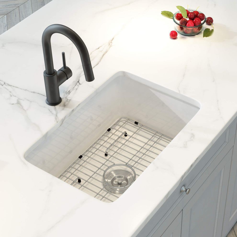 White Fireclay Farmhouse Undermount Kitchen Sink, Bottom Grid and Strain, 27"