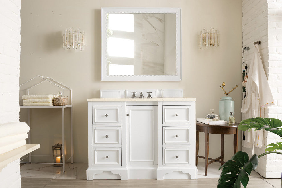 De Soto 48" Single Vanity, Bright White, 3CM Eternal Marfil Quartz Top