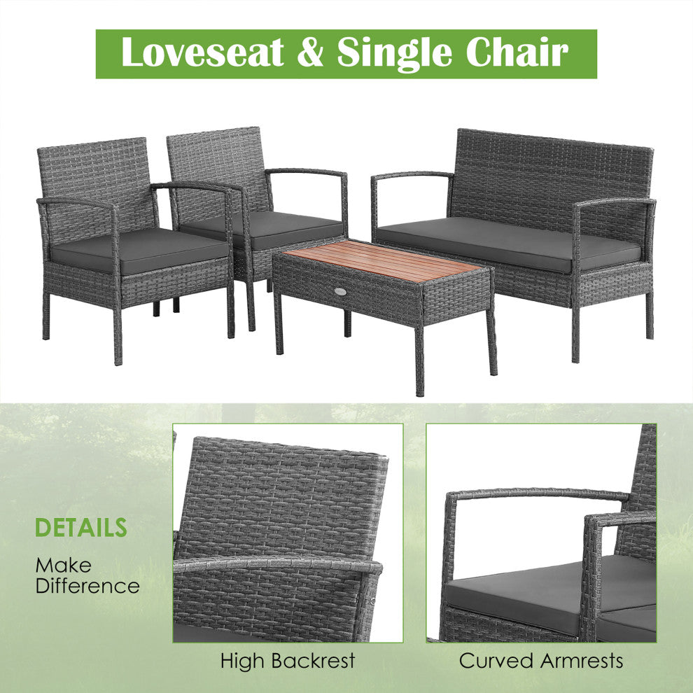 Costway 4PCS Patio Rattan Furniture Set Cushioned Chair Wooden Tabletop Gray