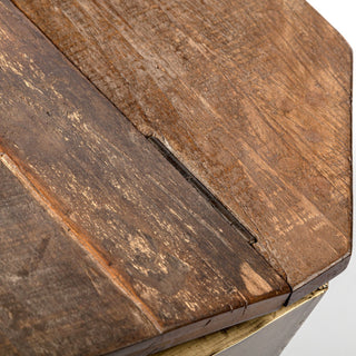 Esagono Octagonal Gold Metal-Clad Reclaimed Wood End/Side Table With Storage