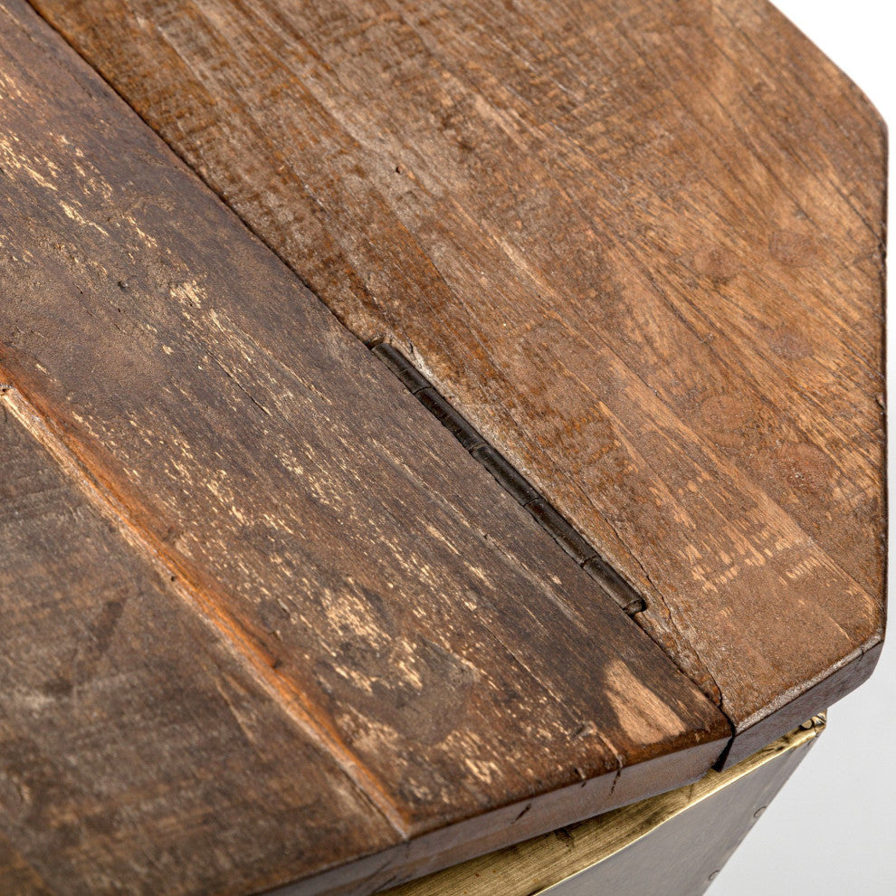 Esagono Octagonal Gold Metal-Clad Reclaimed Wood End/Side Table With Storage
