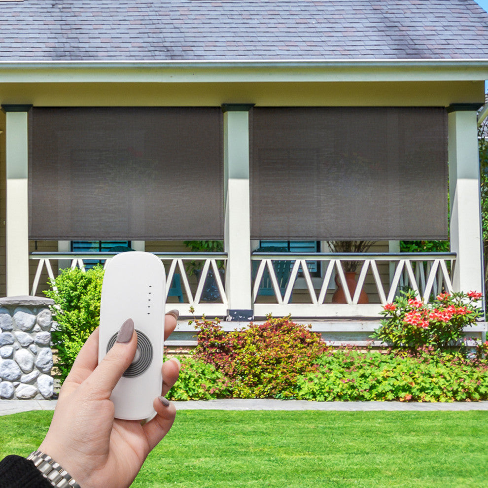 Outdoor Valanced Remote Control Operated Sunshade, Pearl Fabric, Obsidian, 72x96