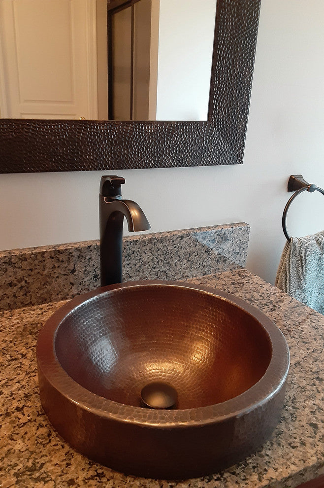 15" Small Round Skirted Vessel Hammered Copper Bathroom Sink