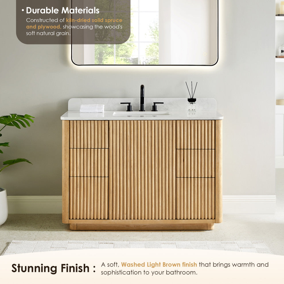 Clayton Bathroom Vanity, Washed Light Brown, 48", No Mirror