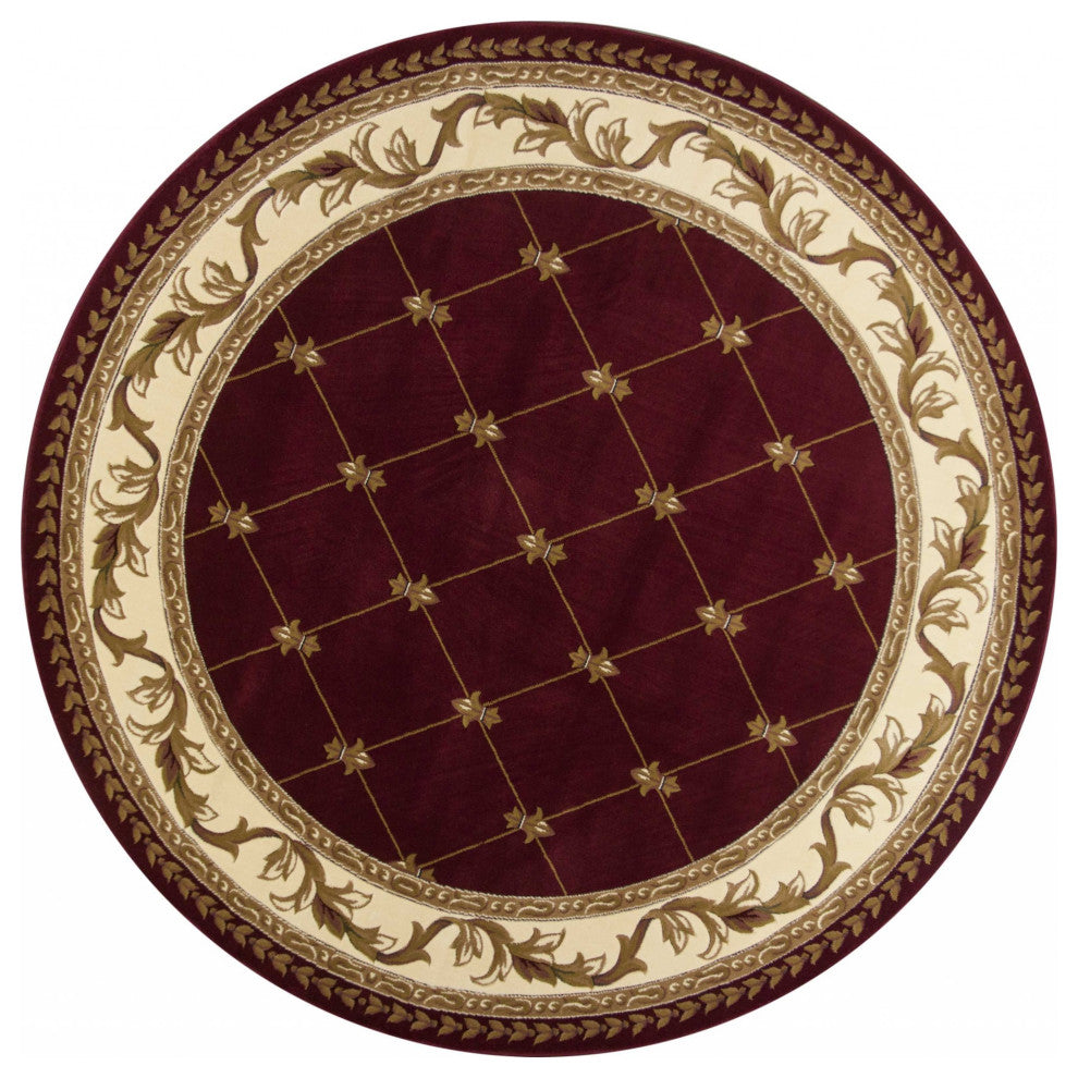 HomeRoots 7' Round Burgundy Diamond Fleur de Lis Bordered Indoor Area Rug