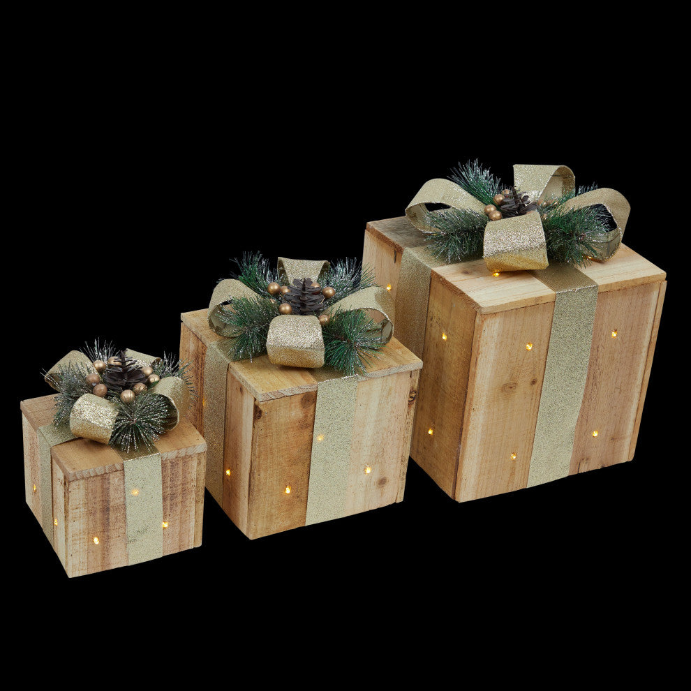 3-Piece Wooden Gift Box Christmas Decor with LED Lights, Gold