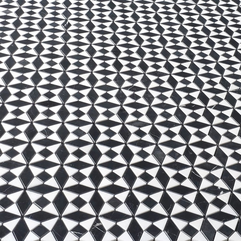 Nero Marquina Black Marble Kaleidoscope Diamond Mosaic Tile Thassos, 1 sheet