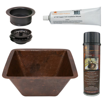 15" Square Hammered Copper Bar/Prep Sink, 3.5" Drain Opening