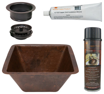 15" Square Hammered Copper Bar/Prep Sink, 3.5" Drain Opening