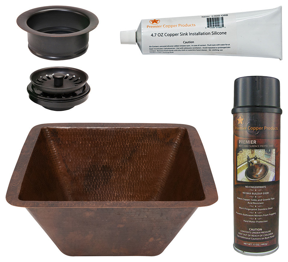 15" Square Hammered Copper Bar/Prep Sink, 3.5" Drain Opening
